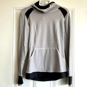 Vintage lululemon warm funnel neck hooded long run top grey wee stripe sz 6